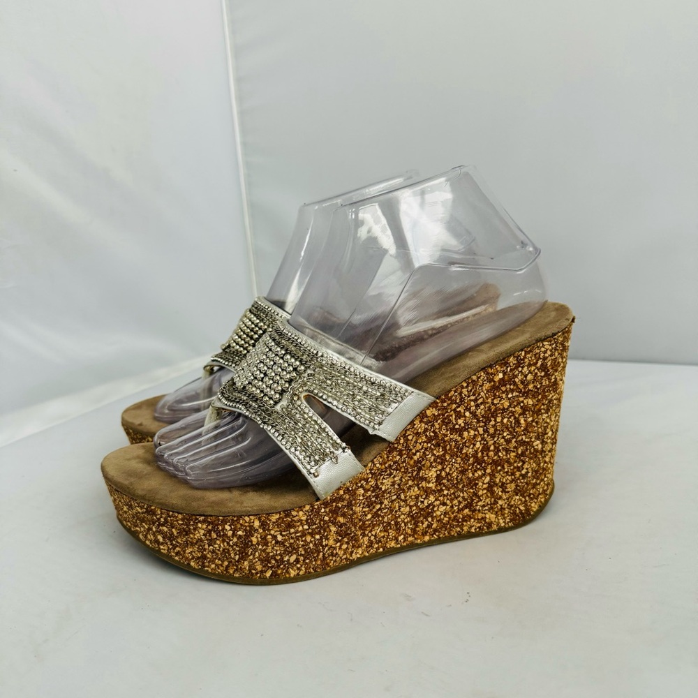 Maurice’s Silver Beaded Cork Wedge Sandals Women’s Size 8